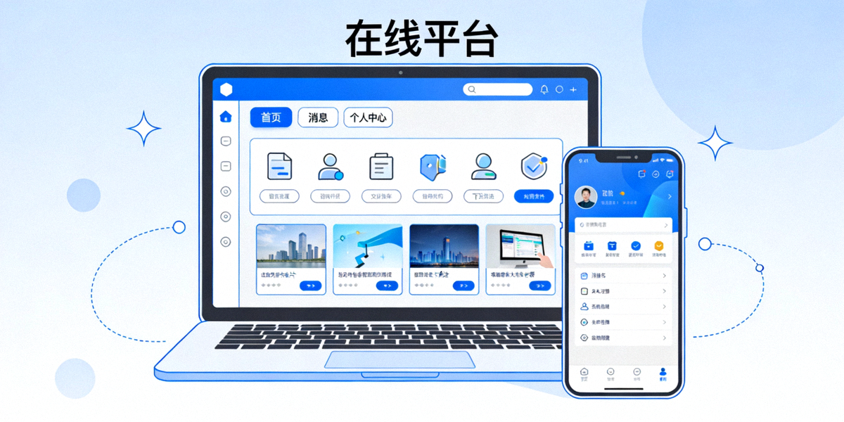 Ilustrasi antarmuka platform online modern di perangkat laptop dan ponsel